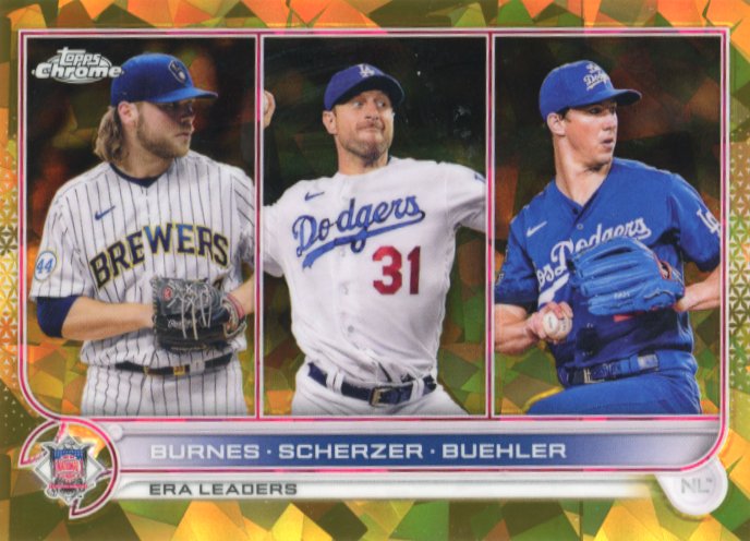 2022 Topps Chrome Sapphire Corbin Burnes Max Sherzer Walker Buehler League Leaders #204 - Gold Cracked Ice #/50 Brewers Dodgers