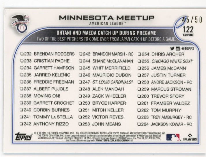 2022 Topps Chrome Sapphire Shohei Ohtani Kenta Maeda Minnesota Meetup #122 - #/50 Gold Cracked Ice Angels Twins