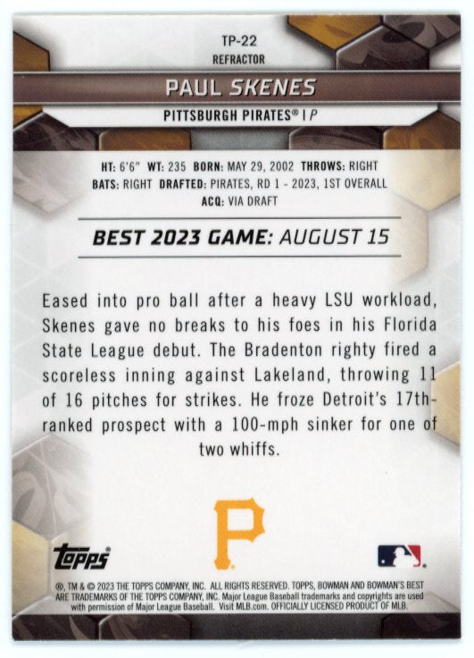 2023 Topps Bowmans Best Paul Skenes #TP-22 - Refractor Pirates