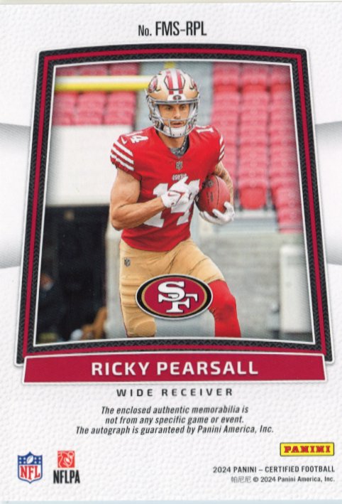 2024 Panini Certified Ricky Pearsall RC#FMS-RPL - #/249 Orange Patch Auto 49ers
