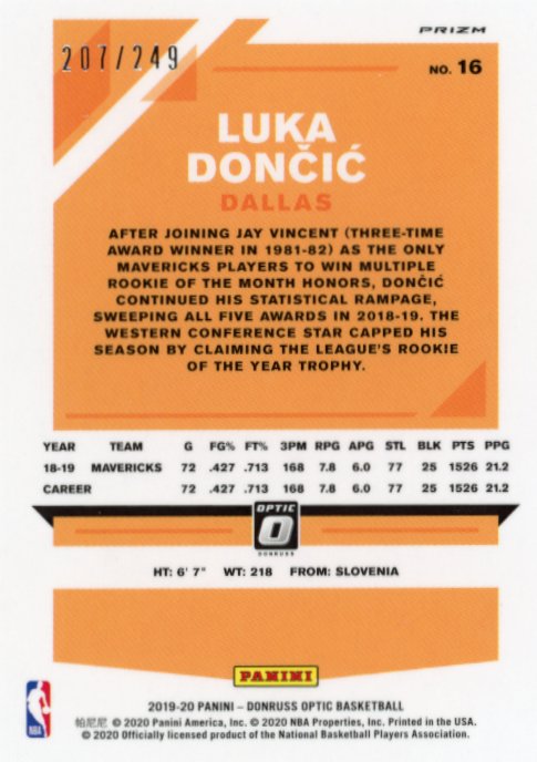 2020 Panini Donruss Optic Luka Doncic #16 - #/249 Mavericks