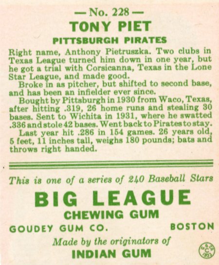 1933 Goudey Tony Piet #228 - Pirates
