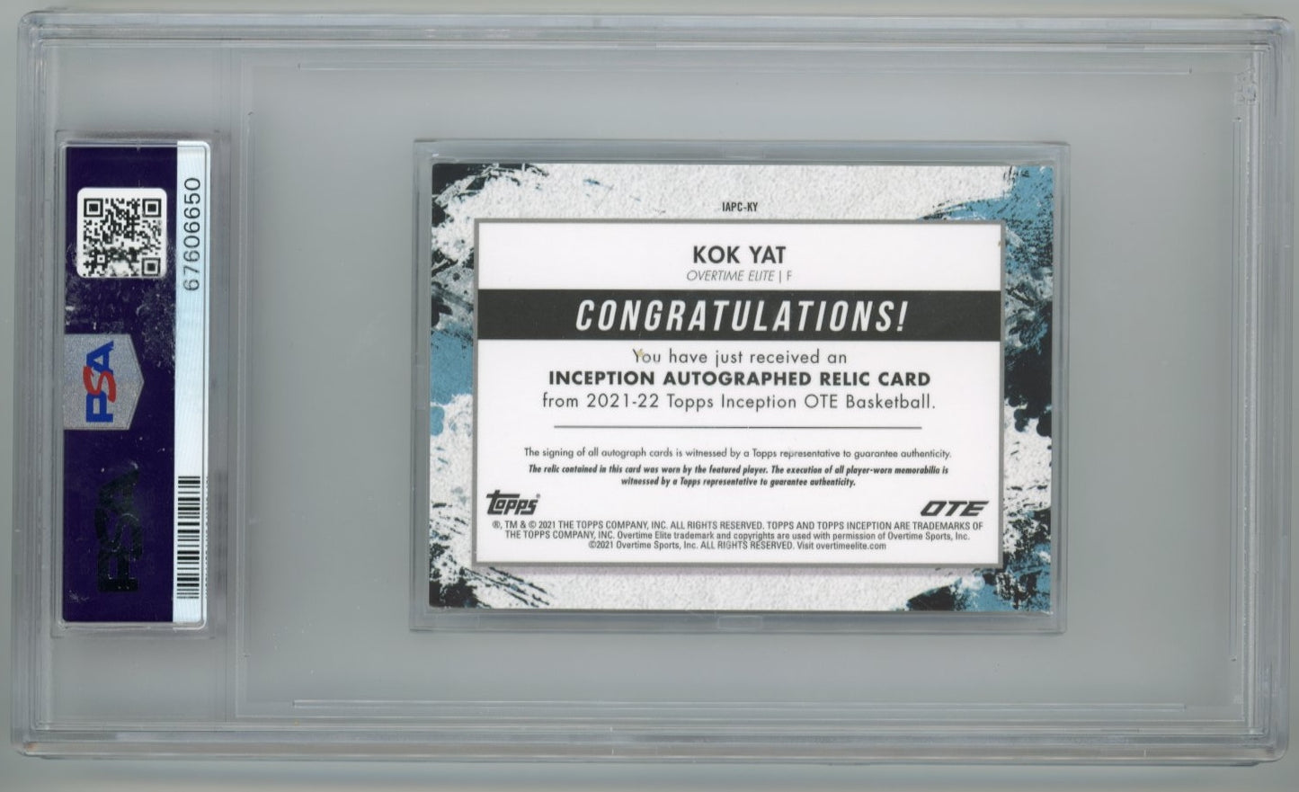 2021 Topps Inception Kok Yat #IAPC-KY - Autograph Relic #/25 PSA 7 Overtime Elite
