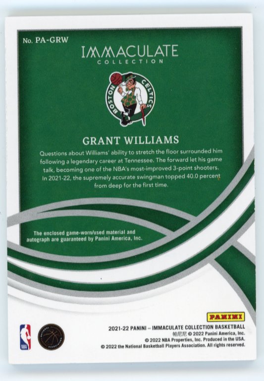 2021-22 Panini Immaculate Grant Williams #PA-GWR - #/15 Patch Auto Celtics