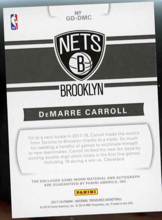 2017-18 Panini National Treasures DeMarre Carroll #GD-DMC - #/25 Dual Patch Autograph Nets