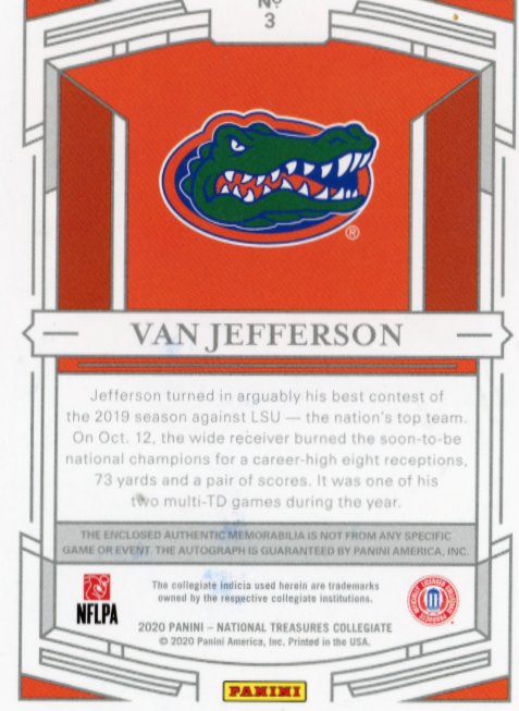 2020 Panini National Treasures Van Jefferson RC #3 - #/99 Patch Autograph Gators
