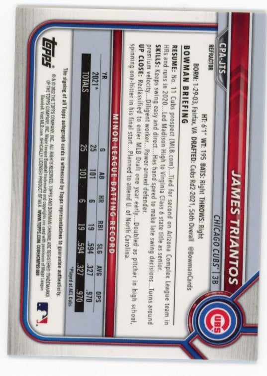 2022 Topps Bowman Chrome James Triantos 1st Bowman #CPA-JTS - Autograph #/499 Cubs