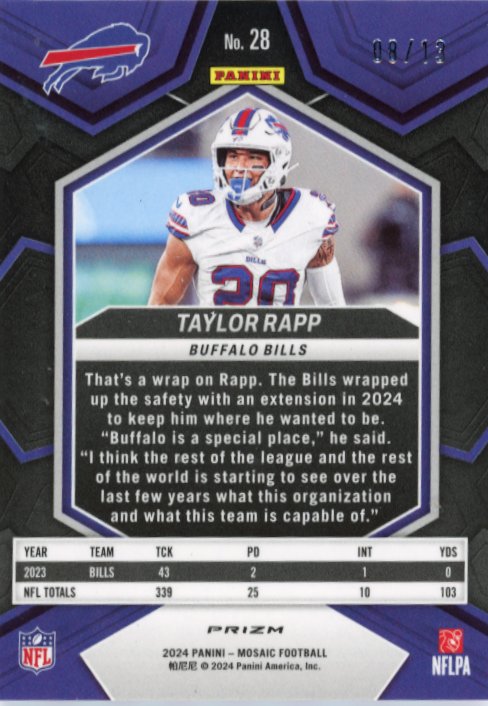 2024 Panini Mosaic Taylor Rapp #28 - Pink Swirl #/13 Bills