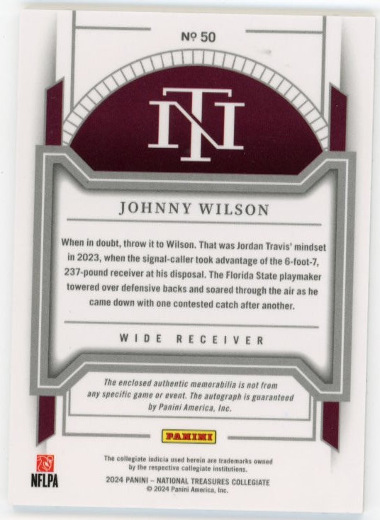 2024 Panini National Treasures Collegiate Johnny Wilson RC #50 - Autograph Relic Blue #/49