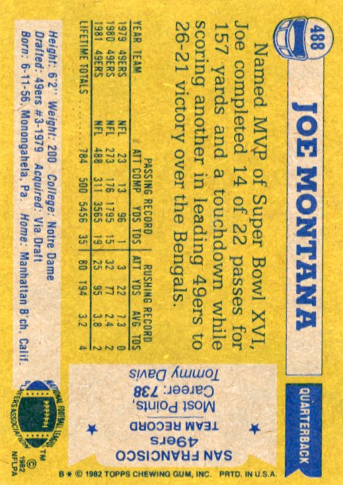 1982 Topps Joe Montana #488 - NFC All Pro 49ers