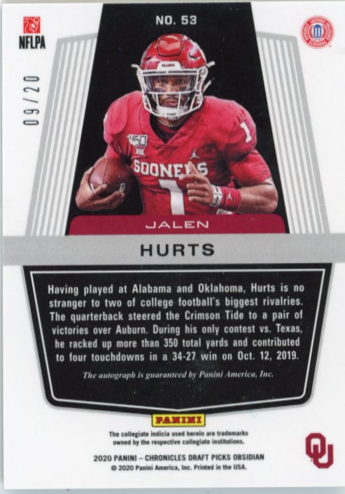 2020 Panini Obsidian Chronicles Draft Picks Jalen Hurts RC #53 - Purple #/20 Autograph Sooners