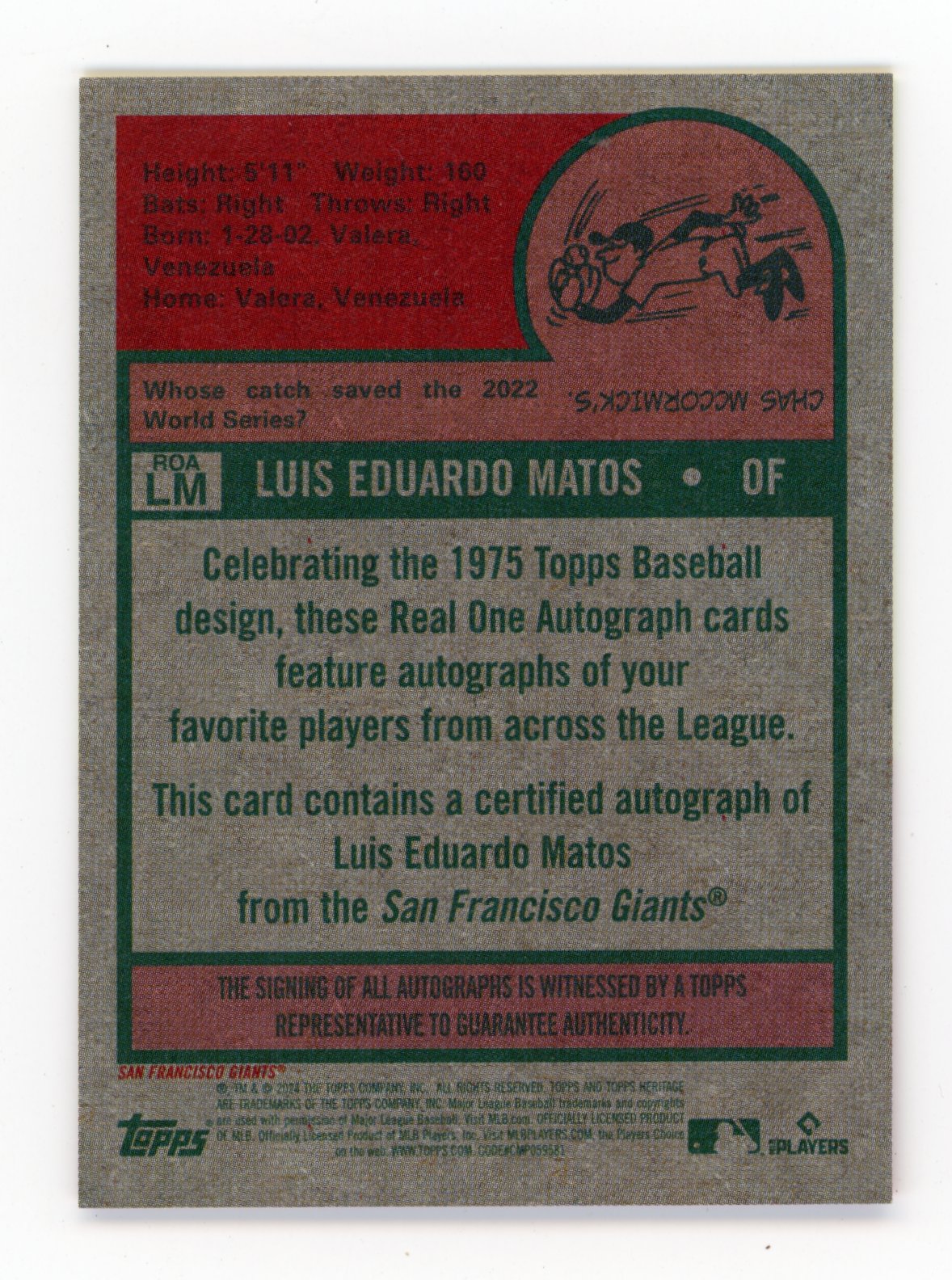 2024 Topps Heritage Luis Matos RC #ROA-LM - Autograph Giants
