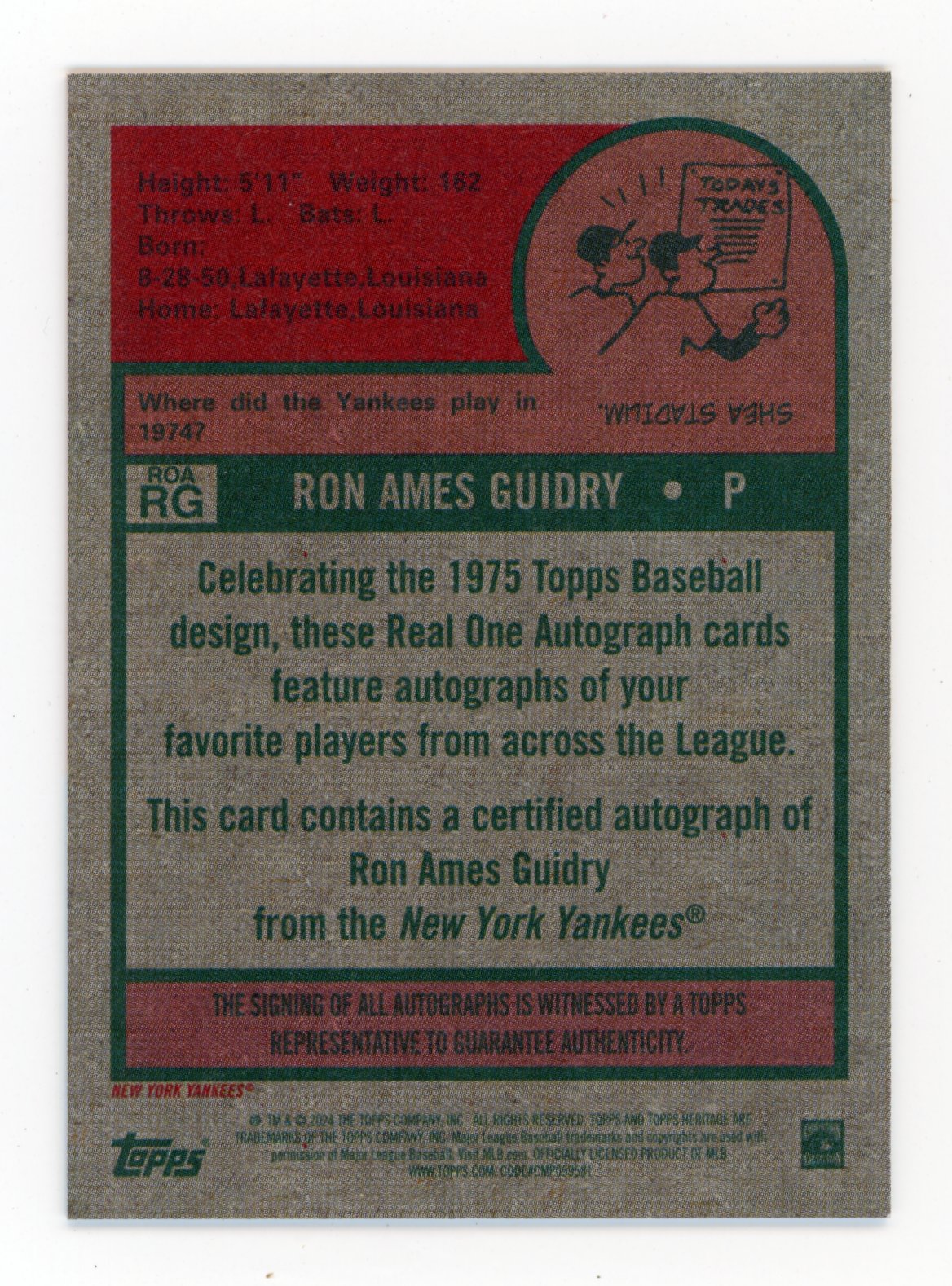 2024 Topps Heritage Ron Guidry #RDA-RG - Autograph Yankees