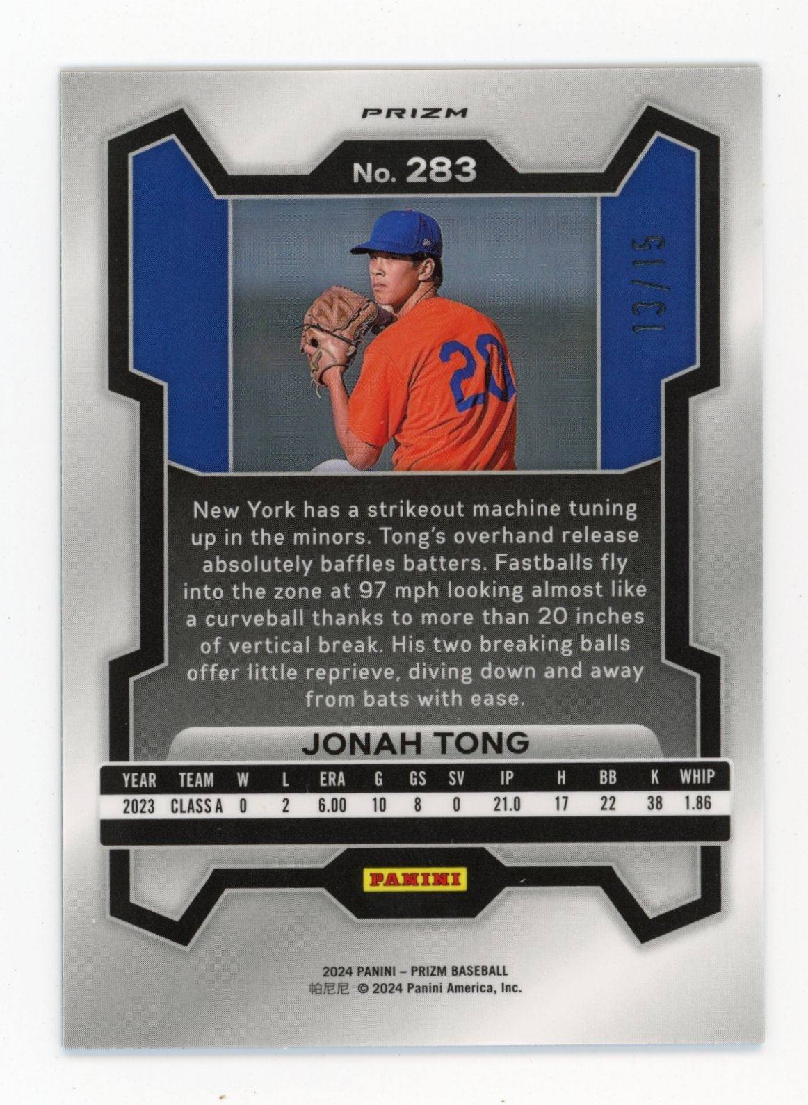 2024 Panini Prizm Jonah Tong #283 -  Blue Shimmer #/15 Mets