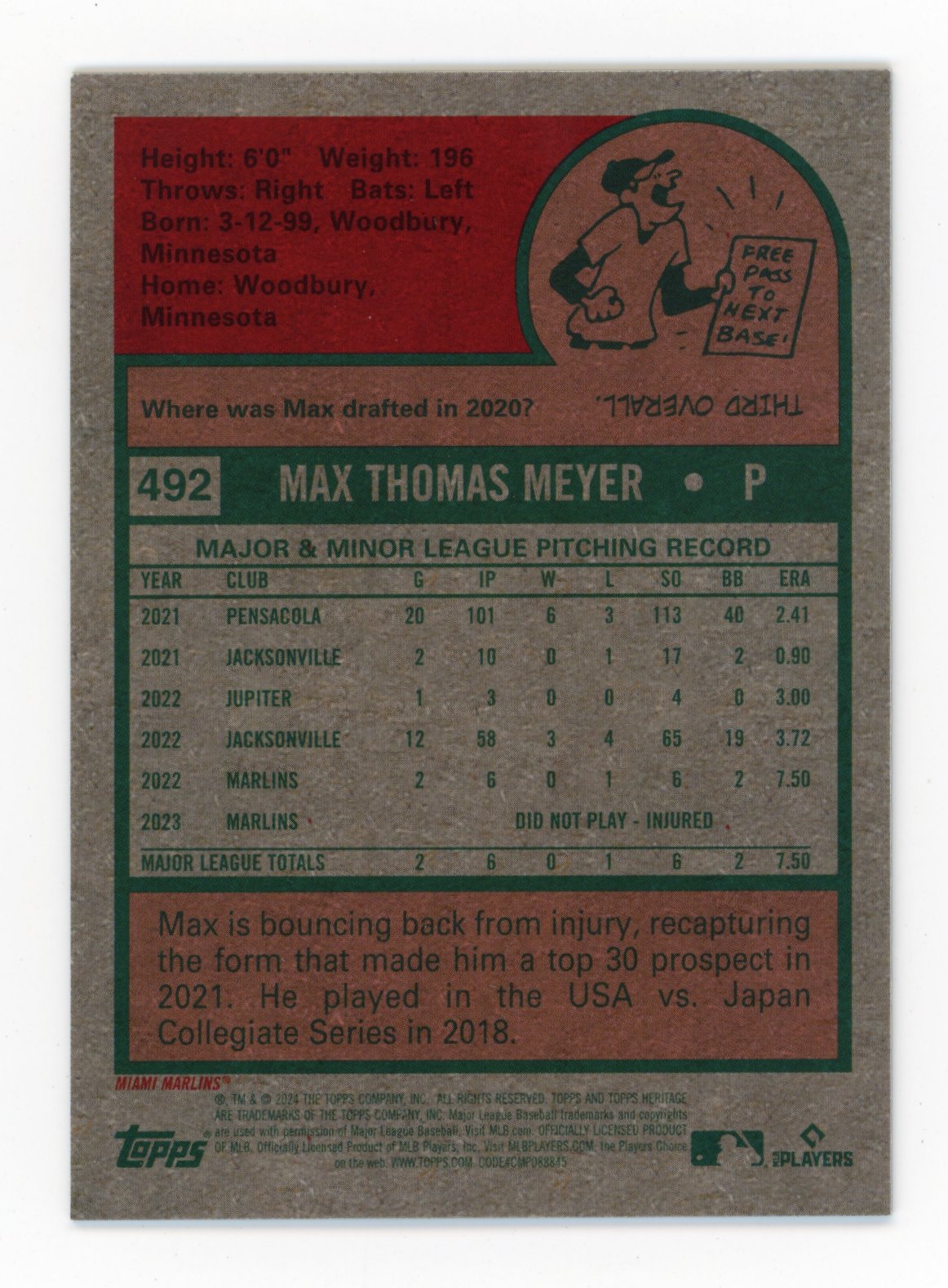 2024 Topps Heritage Max Meyer #492 - Black #/75 Marlins