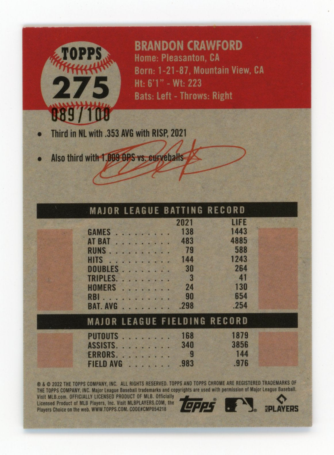 2022 Topps Brandon Crawford #275 - Pink Cracked Ice #/100 Giants