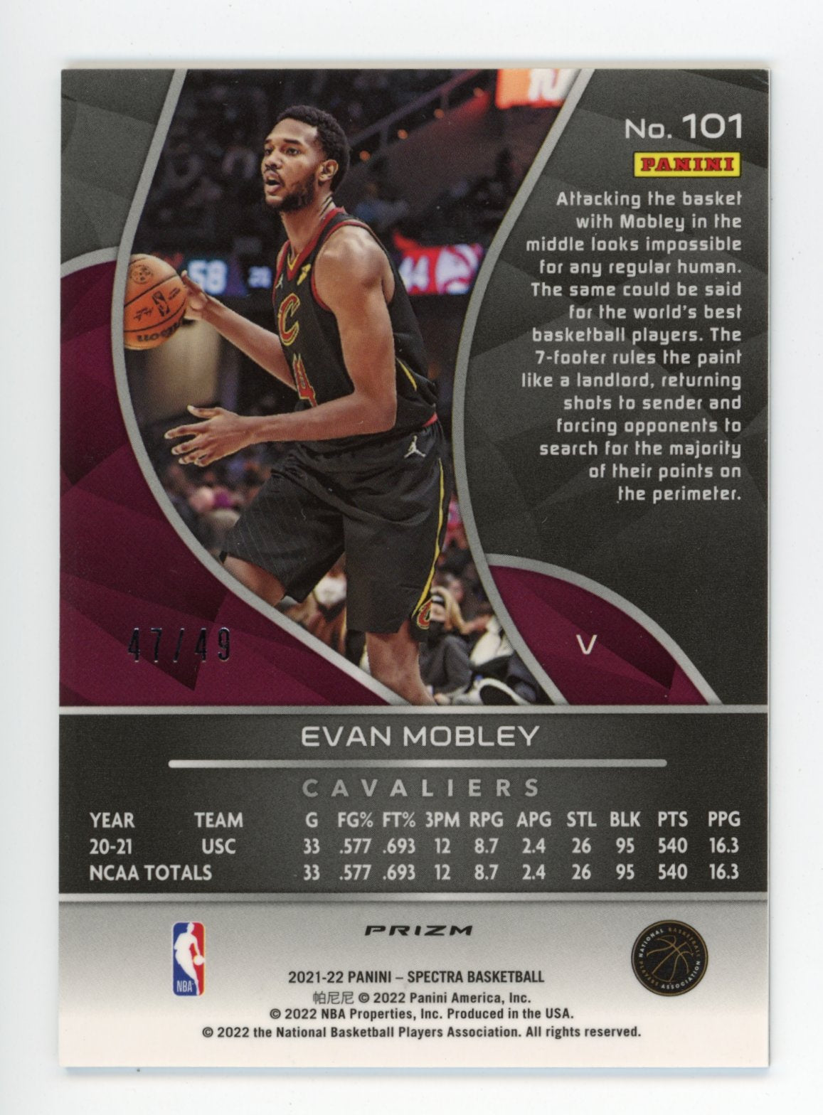 2021/22 Panini Spectra Evan Mobley RC #101 - #/49 Asia Blue Orange Cavaliers