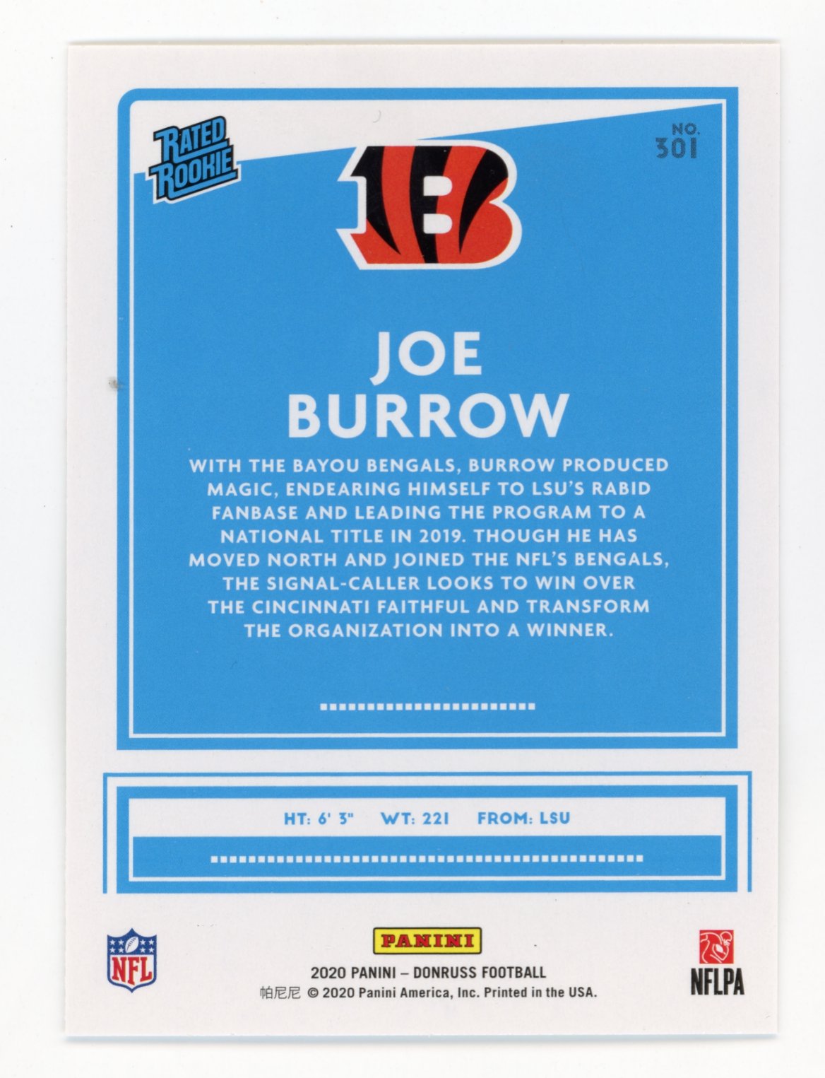 2020 Panini Donruss Joe Burrow Rated Rookie RC #301 - Bengals