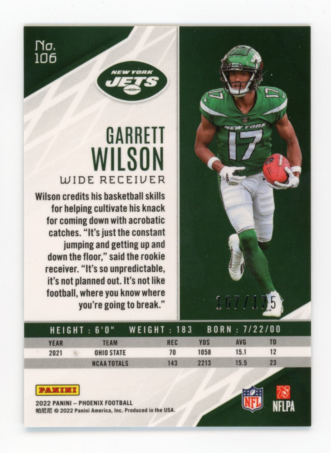 2022 Panini Phoenix Garrett Wilson RC #106 - #/175 Lava Wave Jets