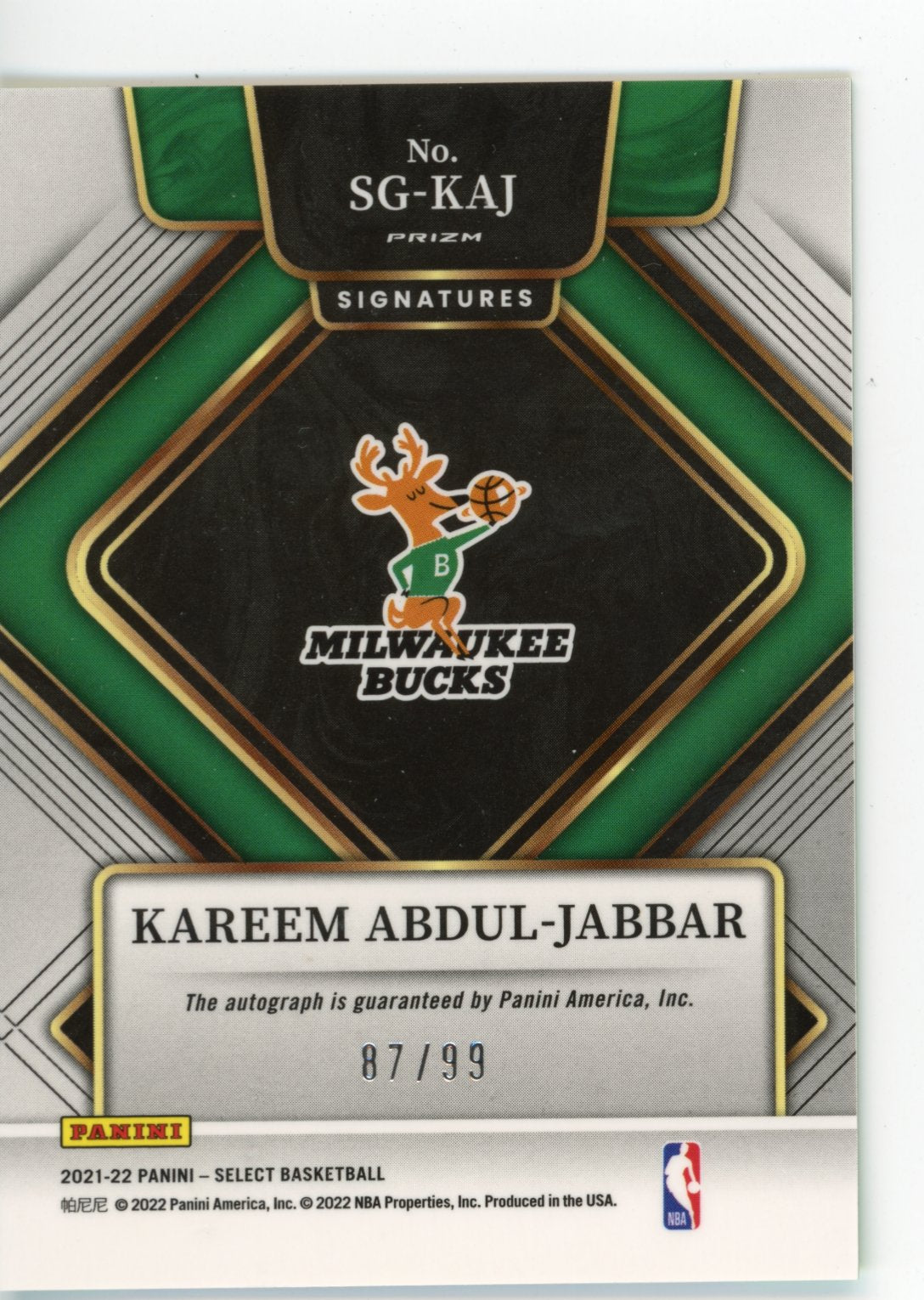 2021/22 Panini Select Kareem Abdul-Jabbar #SG-KAJ - #/99 Neon Green Autograph Prizm Bucks