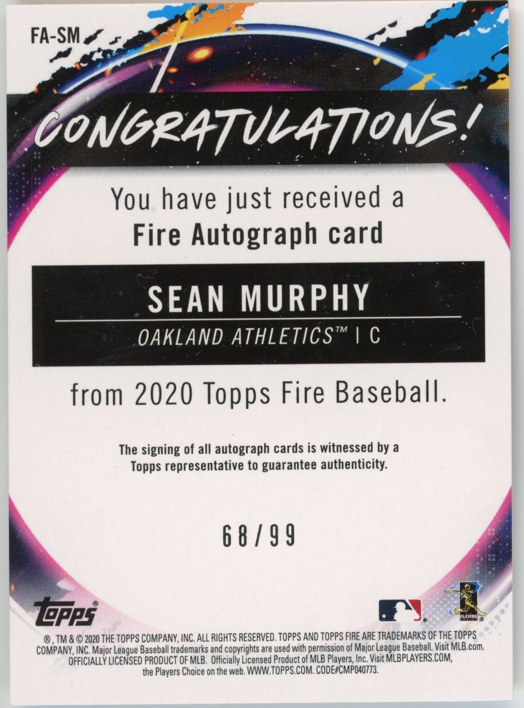 2020 Topps Fire Sean Murphy #FA-SM - Autograph #/99 Athletics