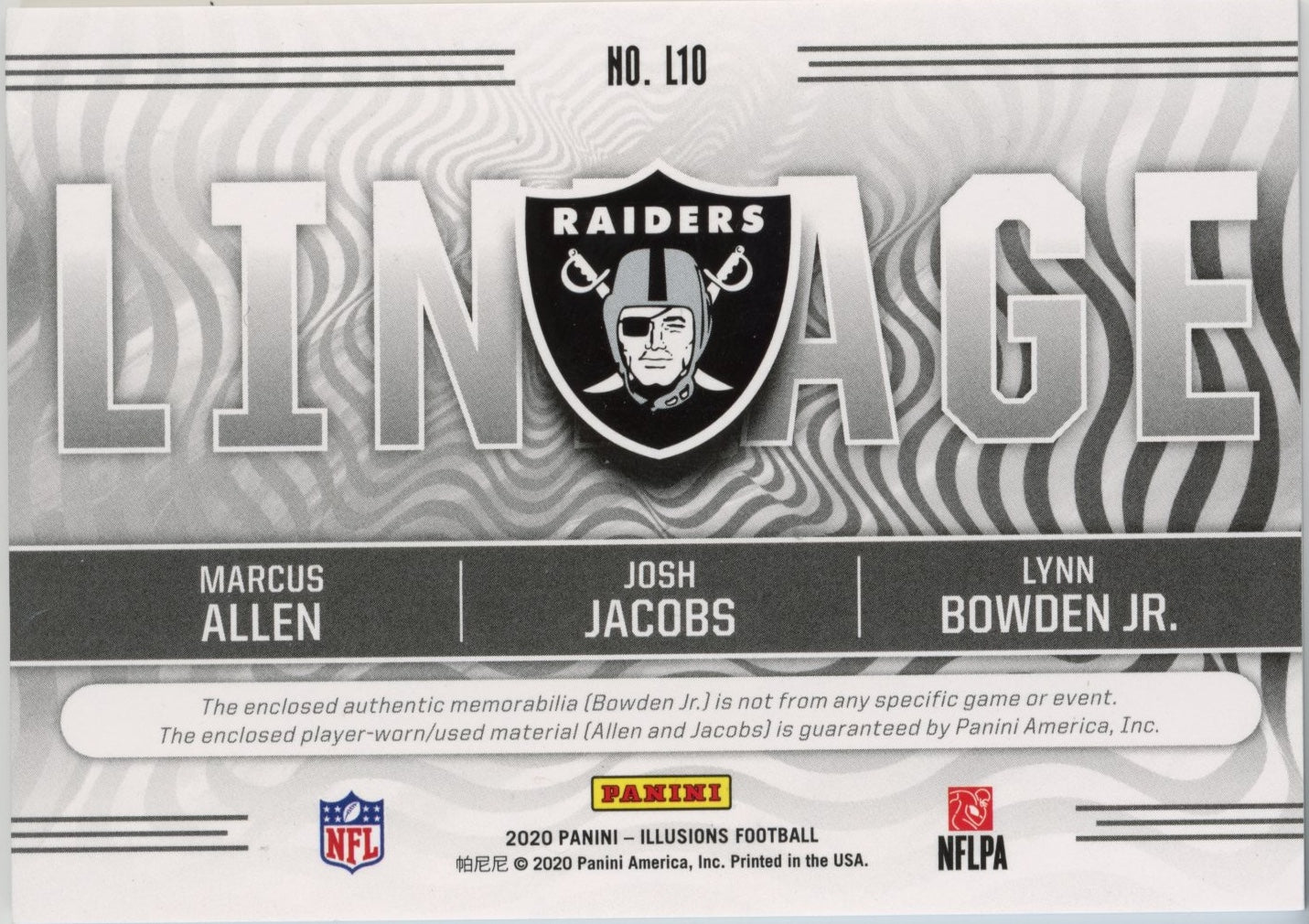2020 Panini Illusions Marcus Allen/Josh Jacobs/Lynn Bowden Jr #L10 - Triple Patch Raiders