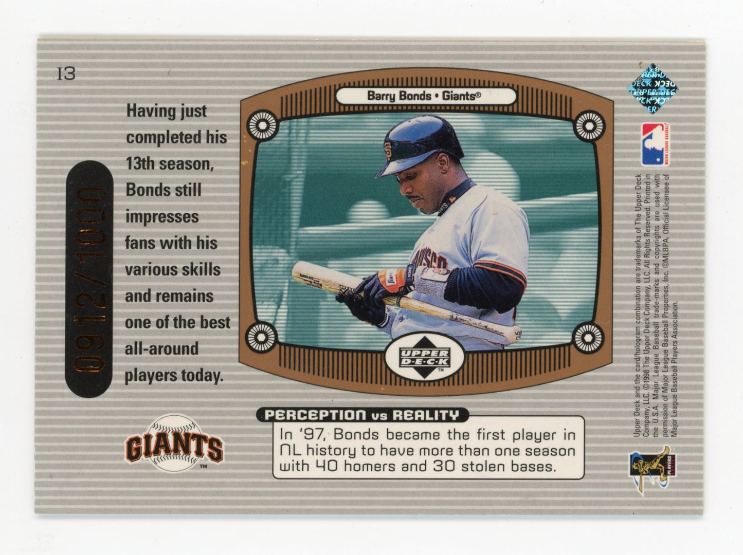 1998 Upper Deck Barry Bonds Immaculate Perception #13 - Orange #/1000 Giants