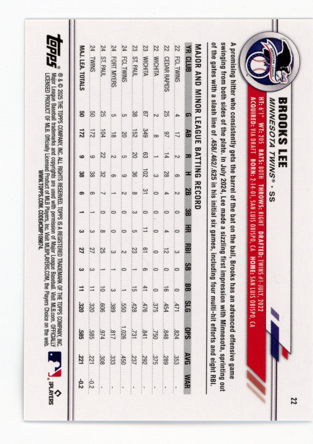 2025 Topps Brooks Lee RC #22 - All Star Game Orange #/25 Twins
