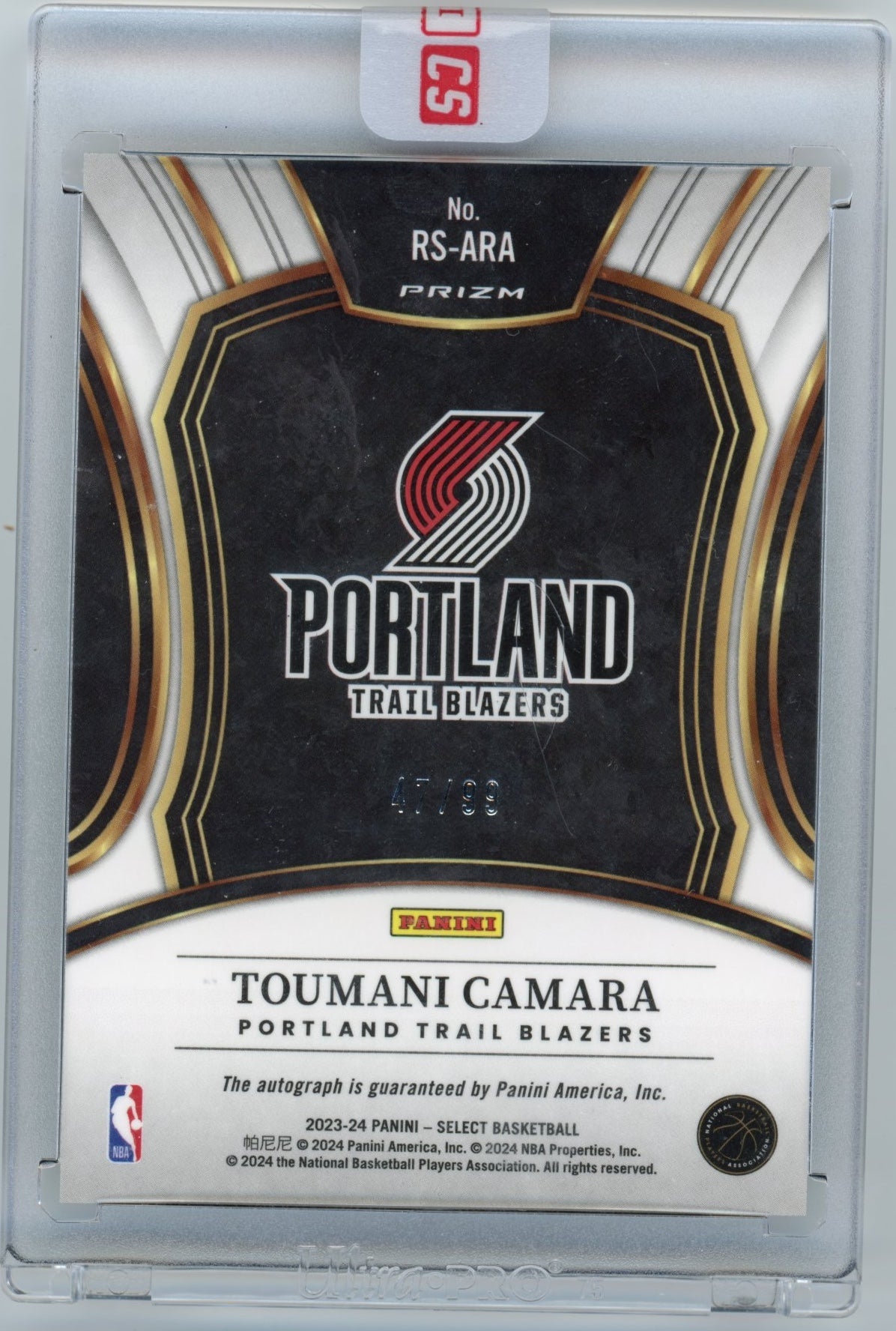 2023/24 Panini Select Toumani Camara RC #RS-ARA - Red #/99 Autograph Trail Blazers