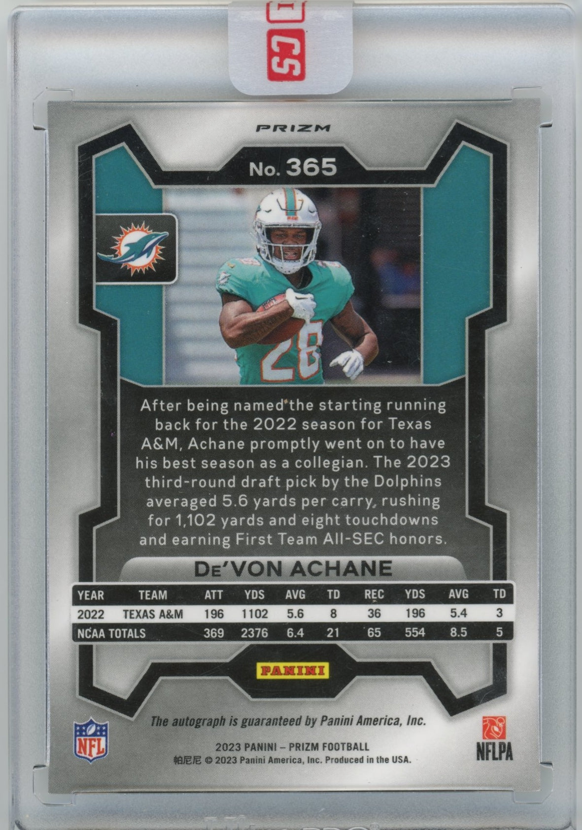 2023 Panini Prizm De'Von Achane RC #365 - Silver Autograph Dolphins