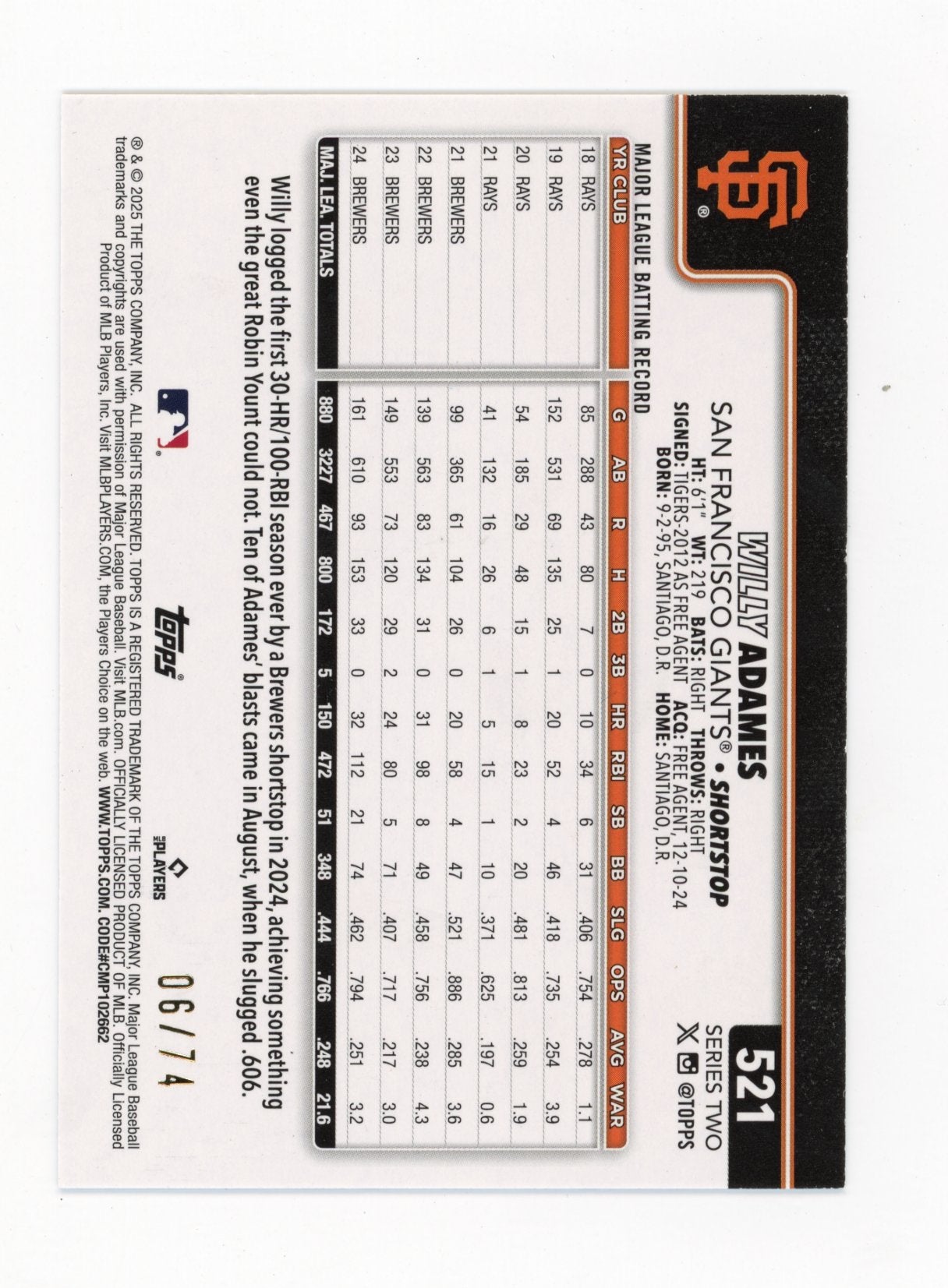 2025 Topps Willy Adames #521 - #/74 Black Giants