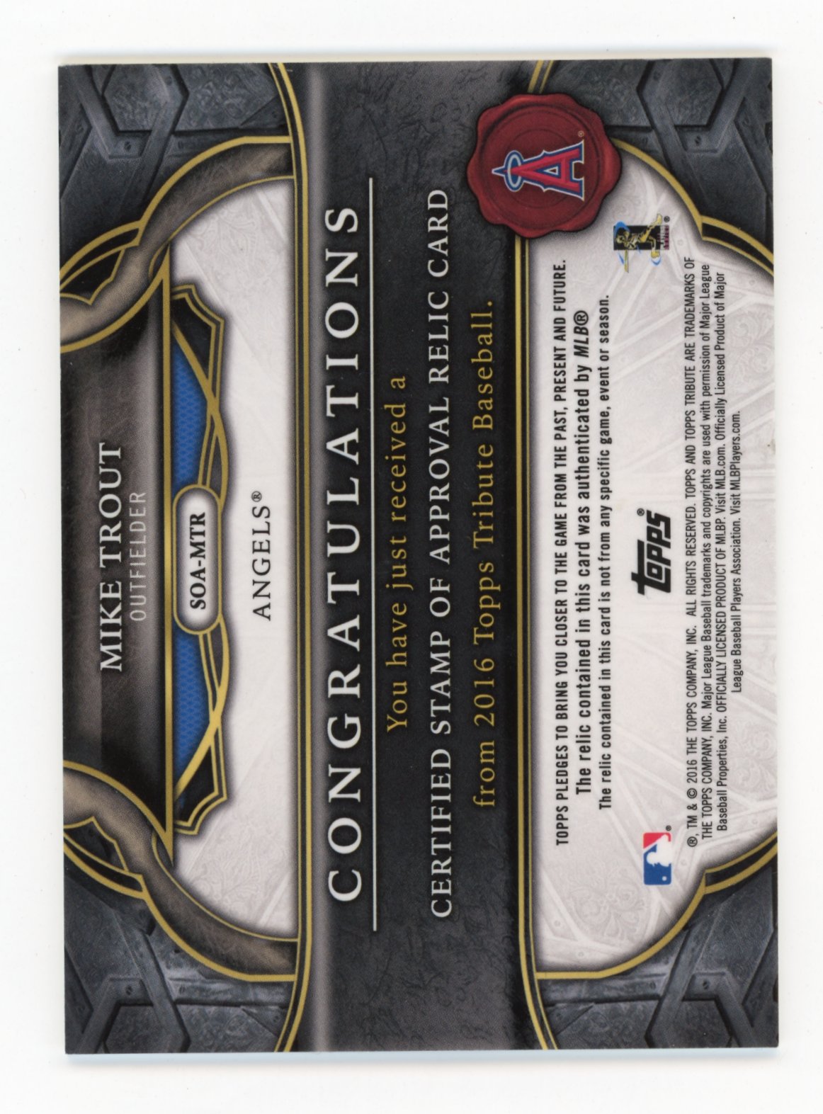 2016 Topps Tribute Mike Trout Stamp Of Approval Relic #SOA-MTR - #/199 ANGELS