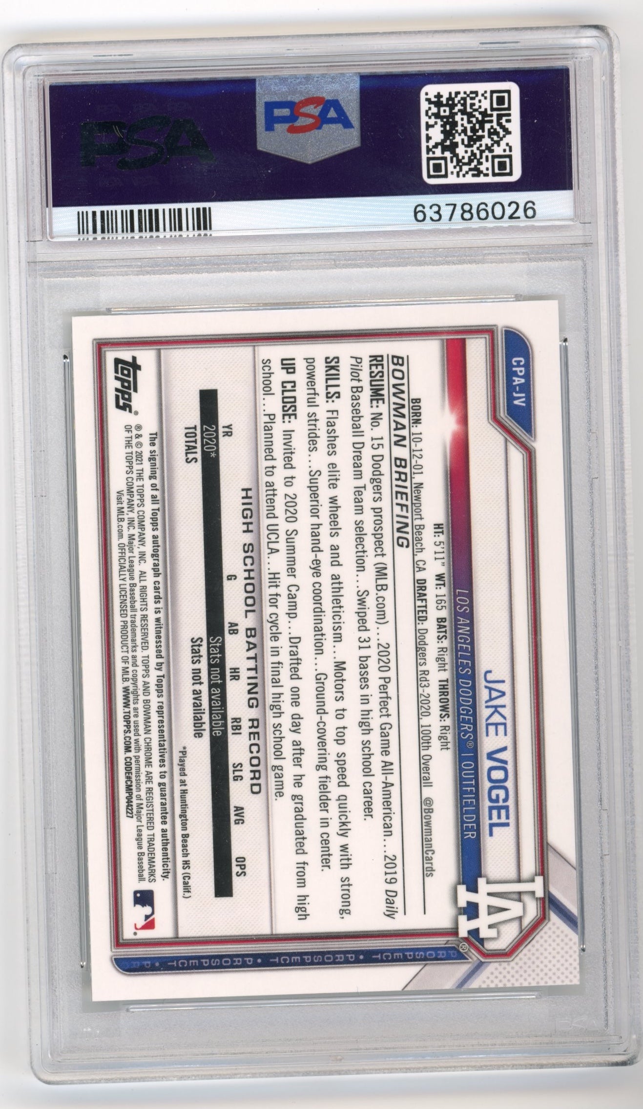 2021 Bowman Jake Vogel # CPAJV - PSA 10 Auto 10 CH.PRS.AU-SPKL /299