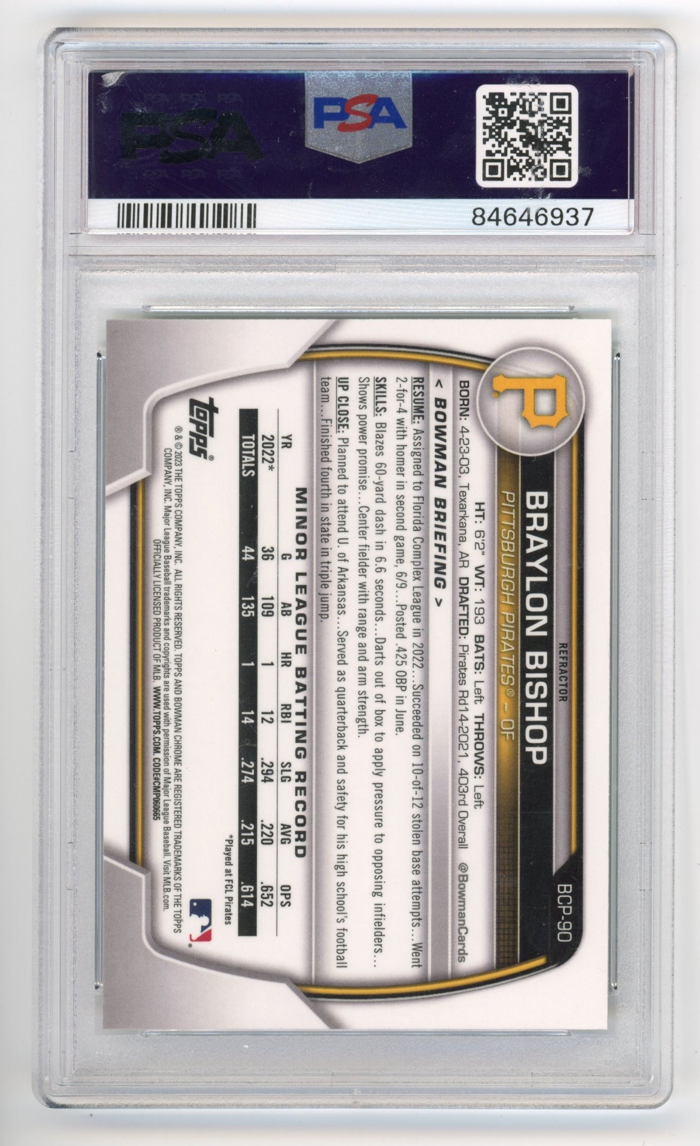 2023 Bowman Braylon Bishop #BCP90 - PSA 10 CHR Pros-Lunar Glow PADRES