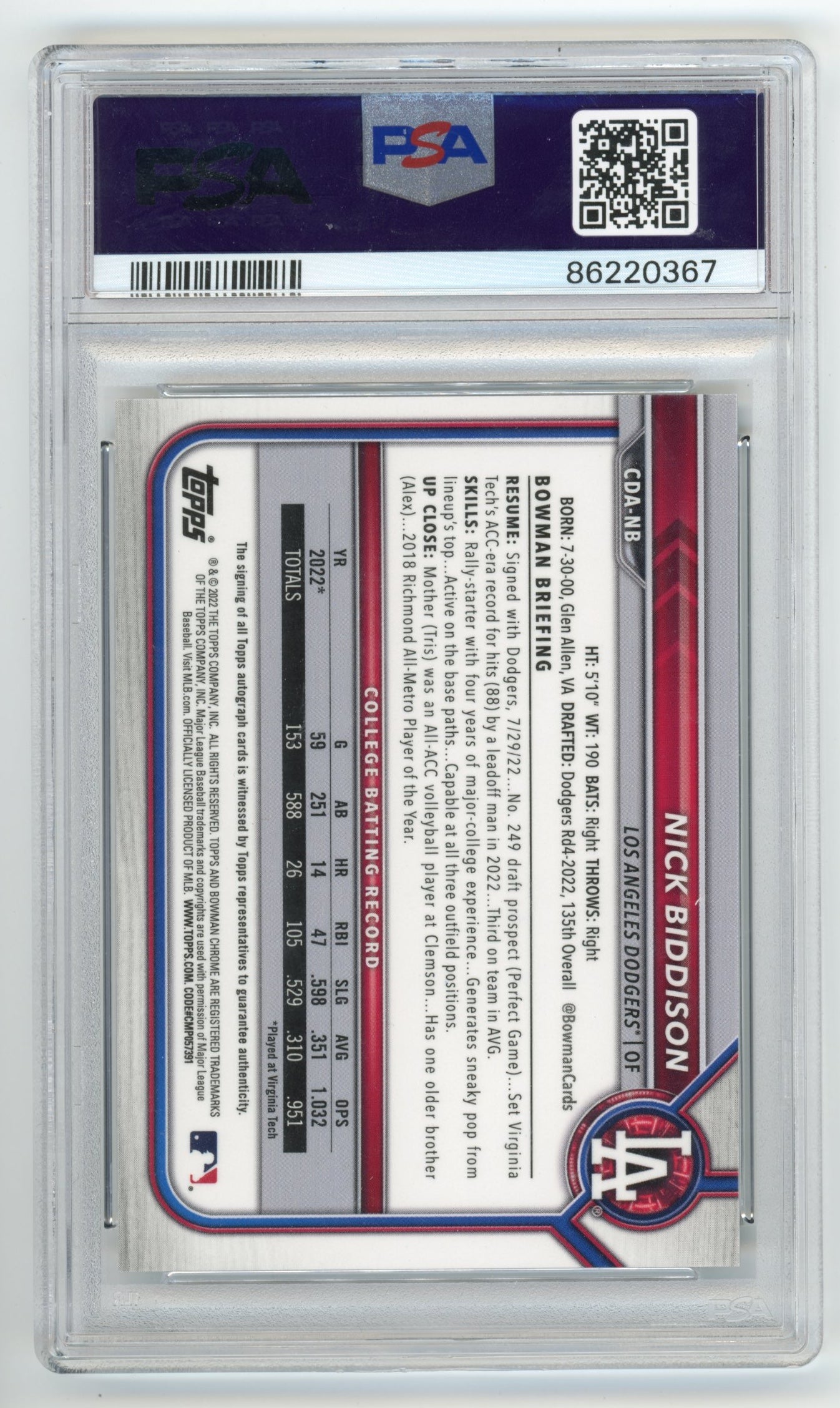 2022 Bowman Draft Nick Biddison #CDANB-Chrome DP Auto  Gem MT 10 Auto AUTH