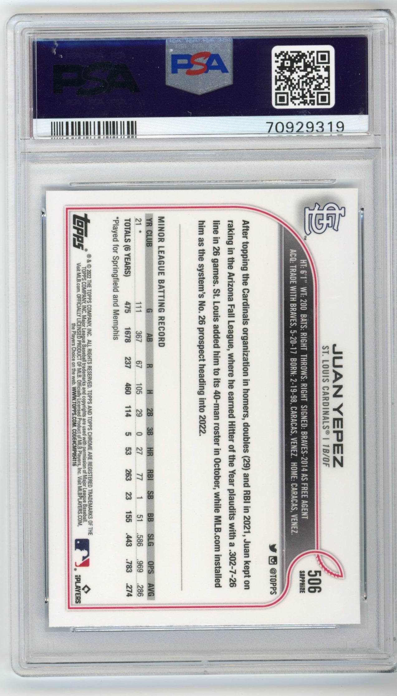 2022 Topps Chrome Juan Yepez #506 - PSA 10 RC Saphire Edition CARDINALS