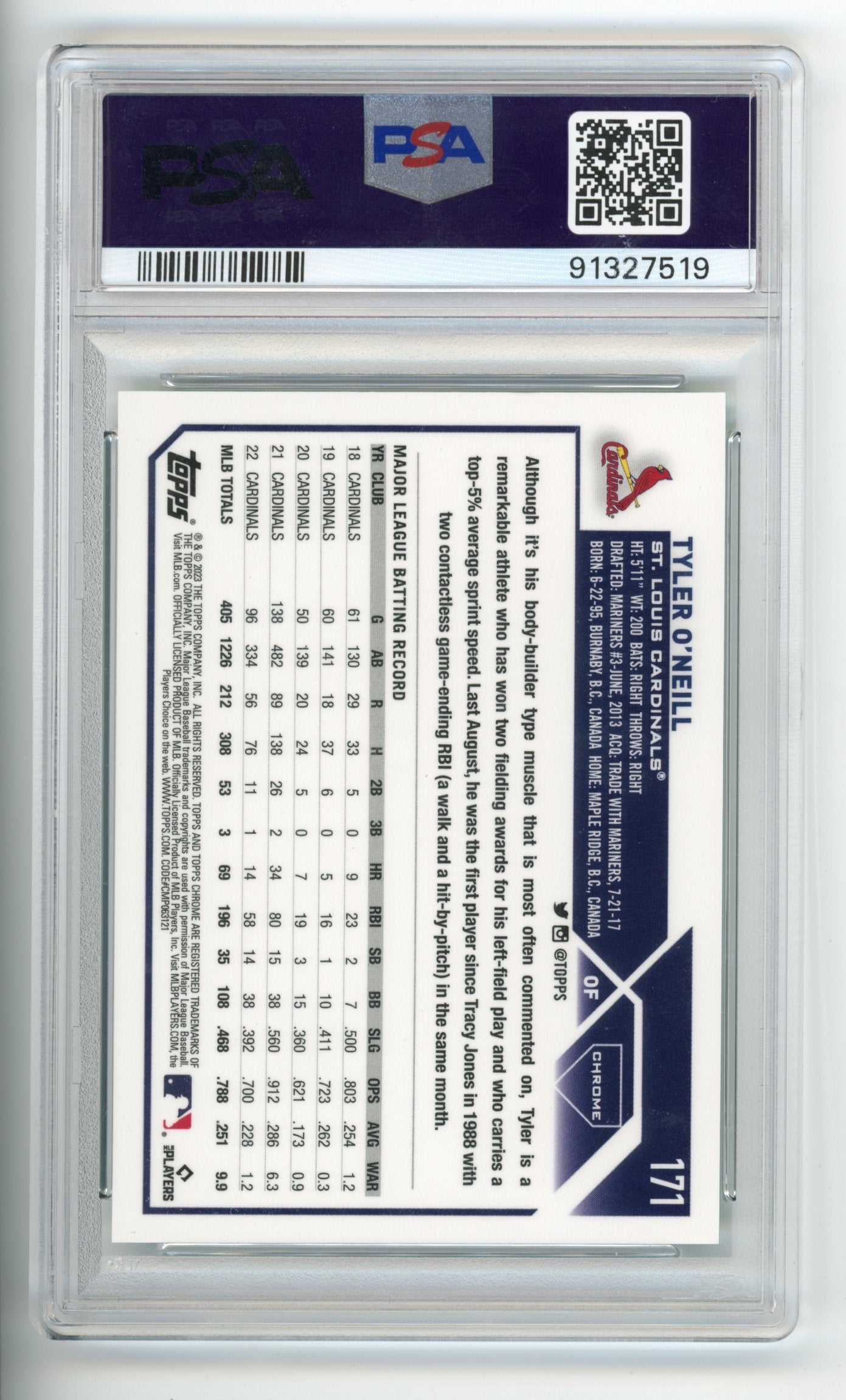 2023 Topps Chrome Tyler O'Neill #171 -  PSA 10 Aqua Lava Cardinals