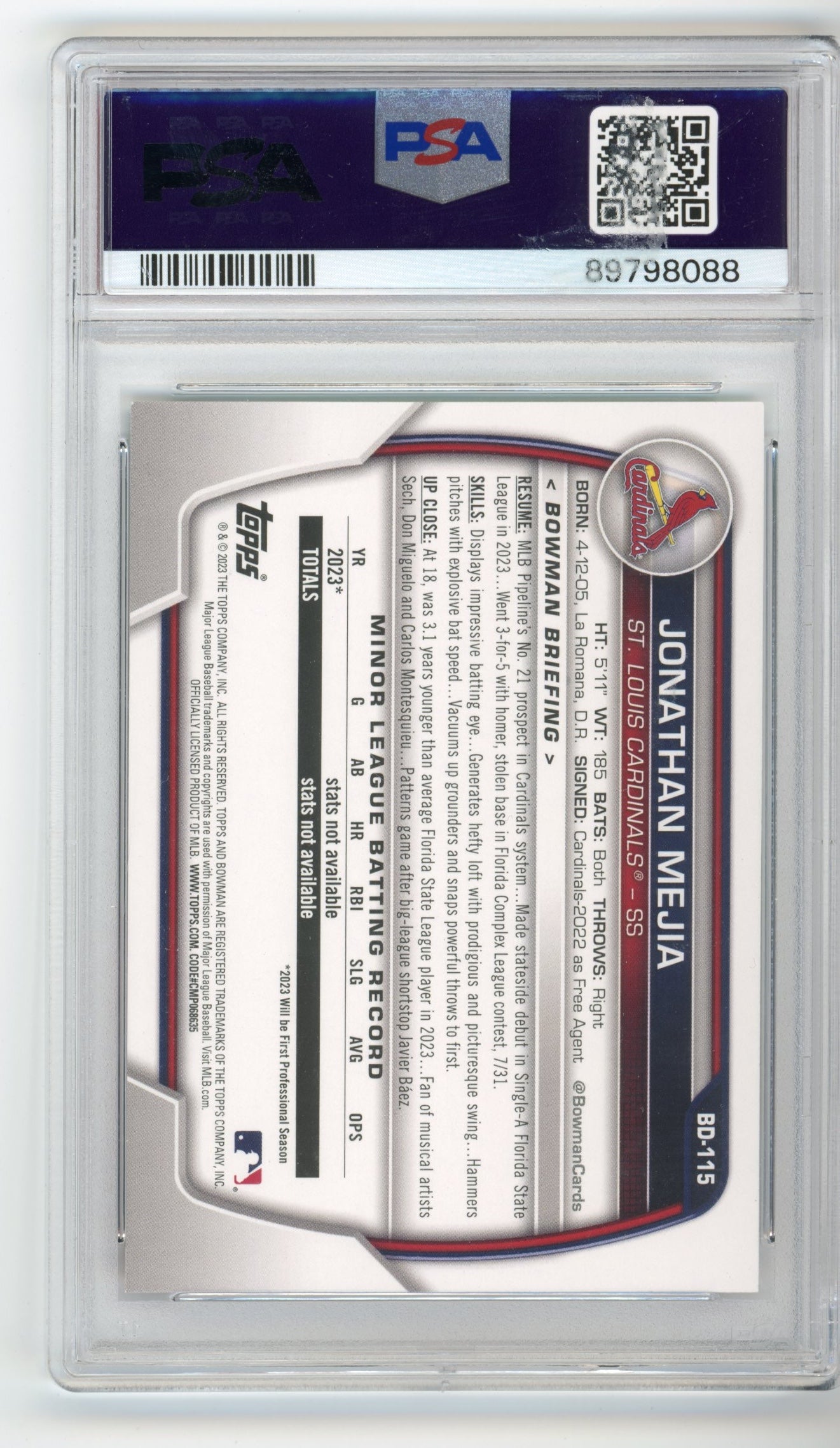 2023 Bowman Draft Jonathan Mejia #BD115 - PSA 10 Aqua/Pink Gradient CARDINALS