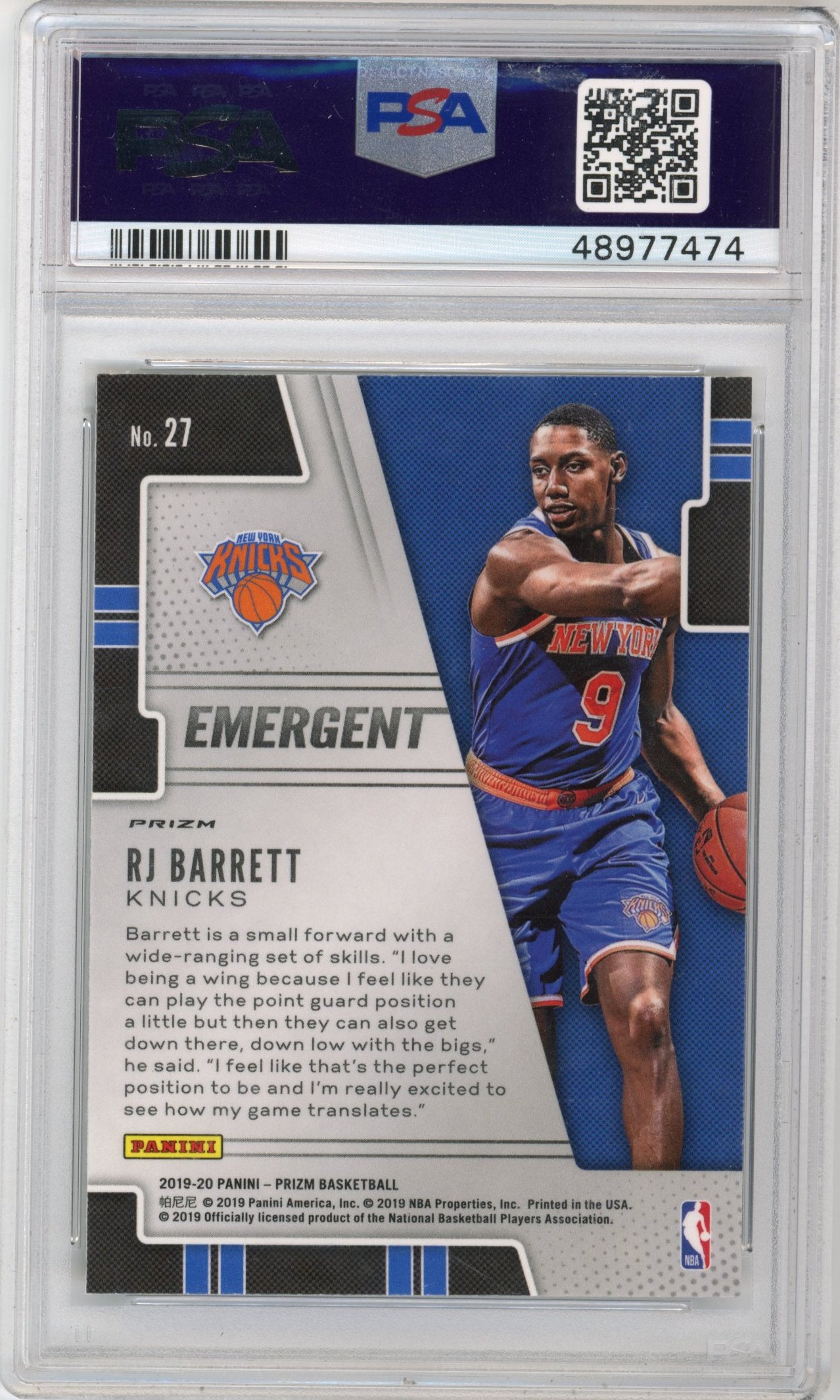 2019 Panini Prizm RJ Barrett #27-Emergent Silver Prizm