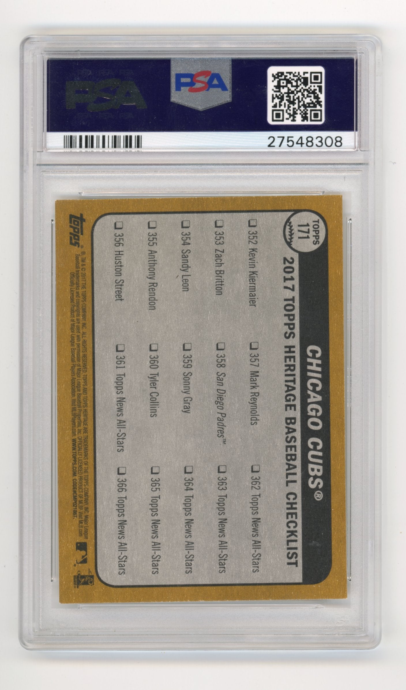 2017 Topps Heritage Chicago Cubs #171 - PSA 10 Gray Back