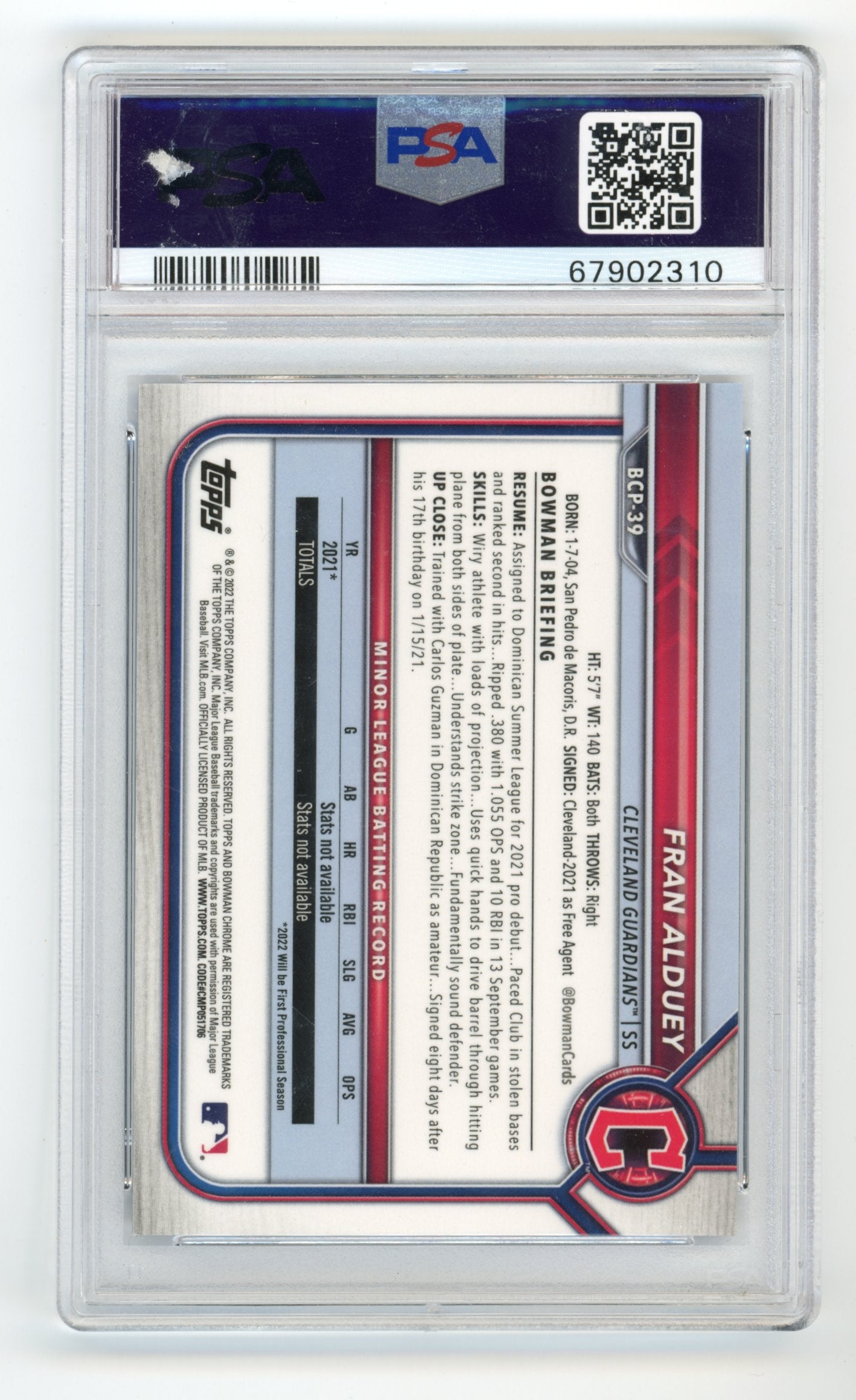 2022 Bowman Fran Alduey #BCP39 - PSA 10 CHR.PROS Blue Shimmer /150