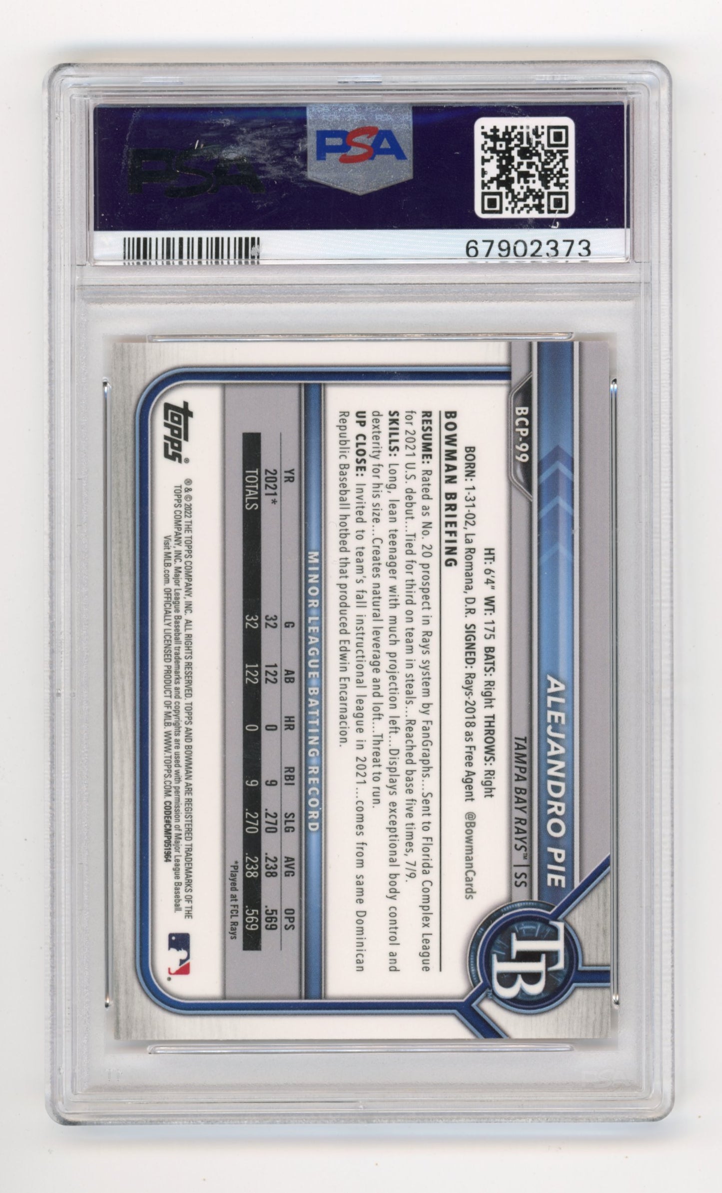 2022 Bowman S/E Alejandro Pie #BCP99 - PSA 10 Chrome Pros-Orange /50