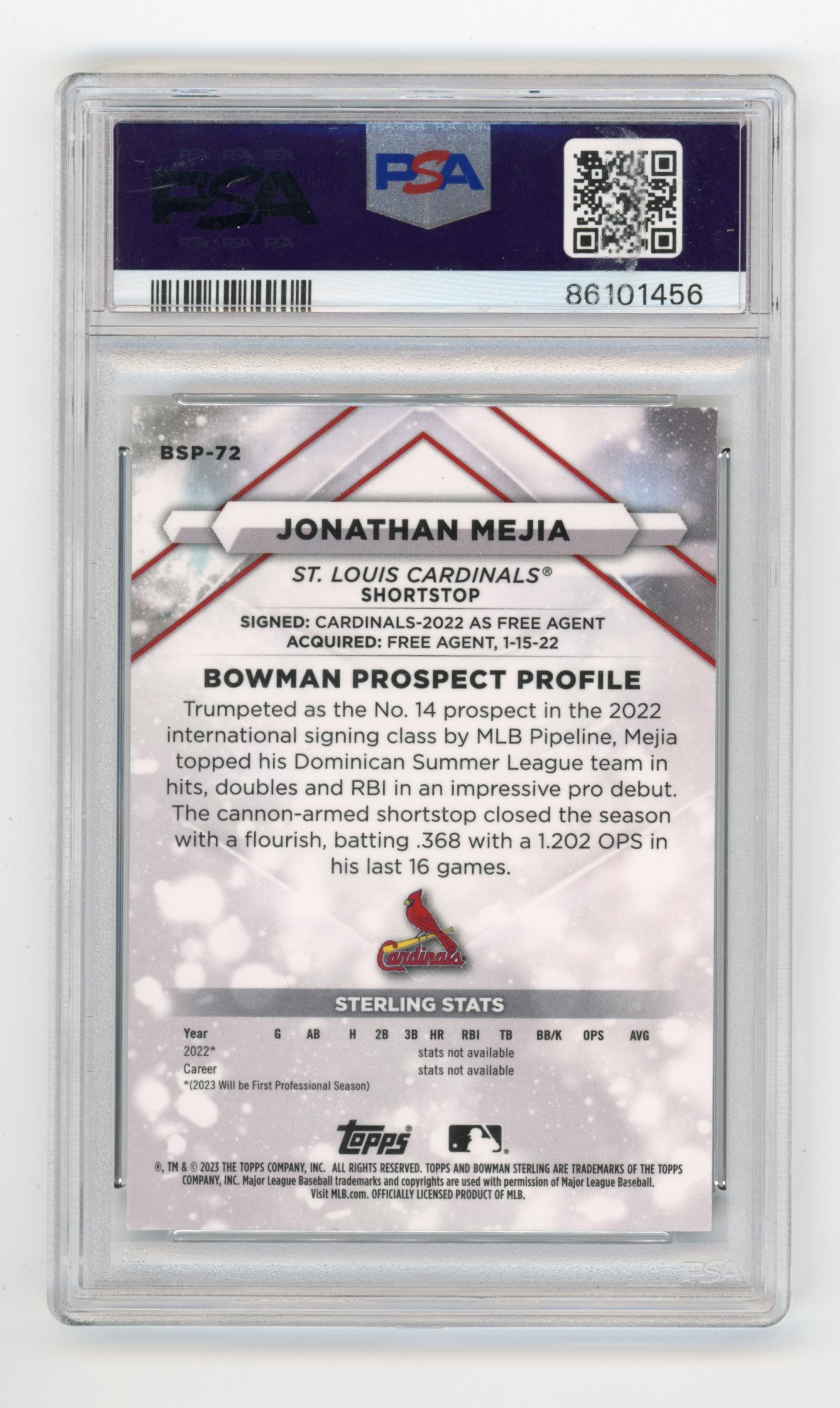 2023 Bowman Sterling Jonathan Mejia #BSP72 - PSA 10 Speckle /99