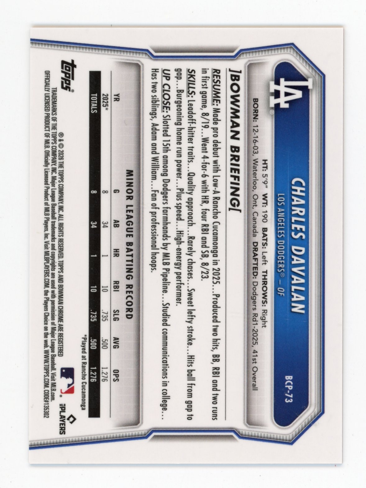 2026 Bowman Chrome Charles Davalan Orange Shimmer #/25 - #BCP-73 Dodgers