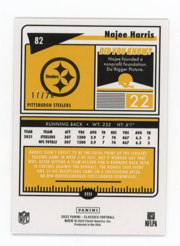 2022 Panini Classics Najee Harris #82 - Green #/20 Steelers