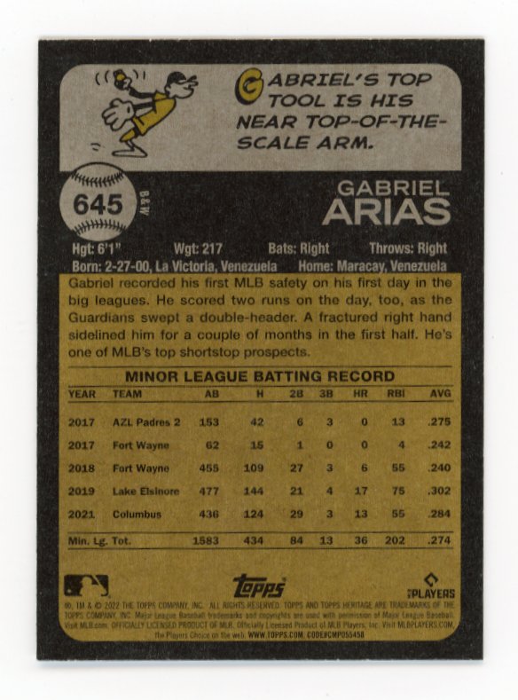 2022 Topps Heritage Gabriel Arias RC #645 Guardians