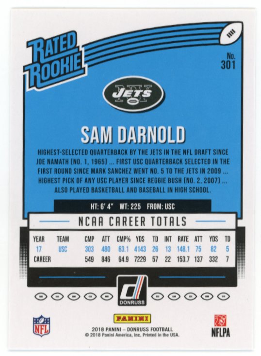 2018 Panini Donruss Sam Darnold Rated Rookie RC #301