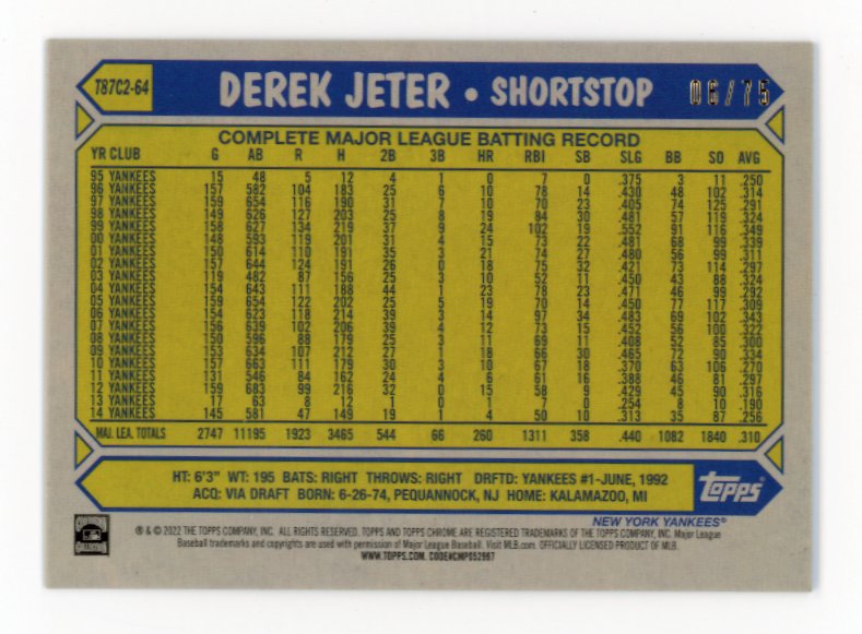 2022 Topps Derek Jeter 35th Anniversary #T87C2-64 - #/75 Purple Mojo