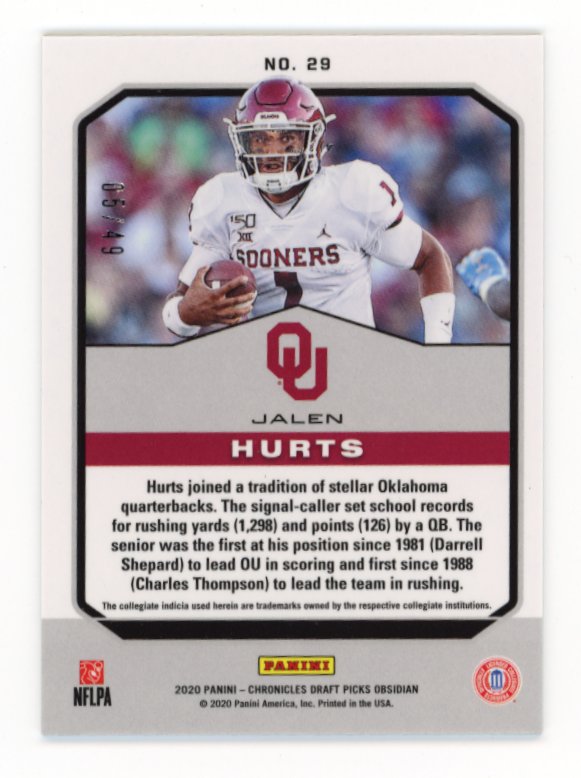 2020 Panini Chronicles Obsidian Jalen Hurts RC #29 - #/49