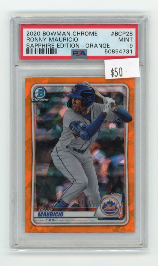 2020 Bowman Chrome Sapphire Ronny Mauricio #BCP-28 - #/75 Orange PSA 9